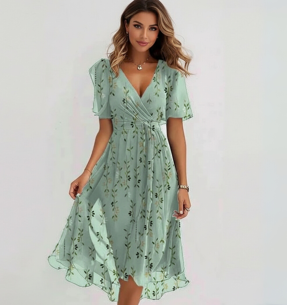 Floral Flutter Sleeve Midi Dress for Women – Elegant Summer Style