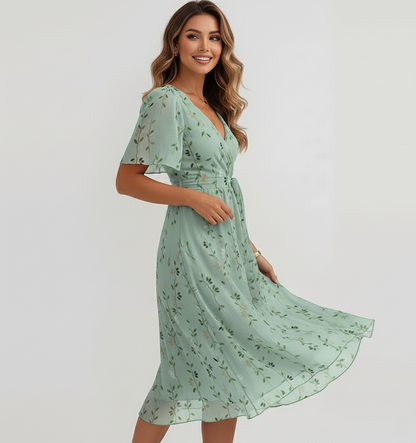 Floral Flutter Sleeve Midi Dress for Women – Elegant Summer Style