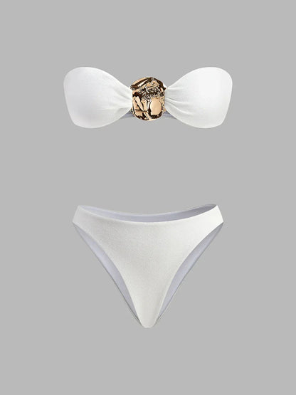 Three-Piece Bandeau Bikini Beach Set with Gold Accent and Cover-Up